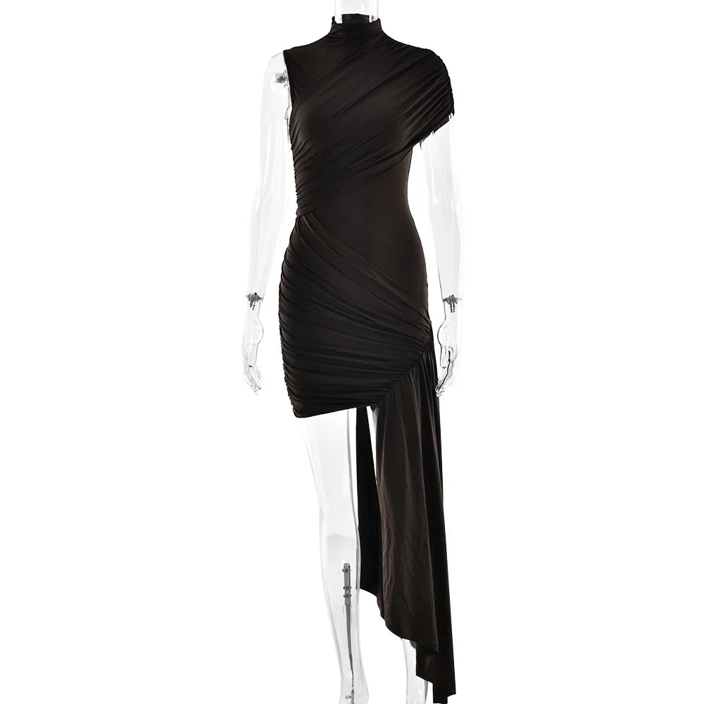 Aspen Knolls Ruched Sexy Solid Color Elegant Turtleneck Sleeveless Asymmetric Dress