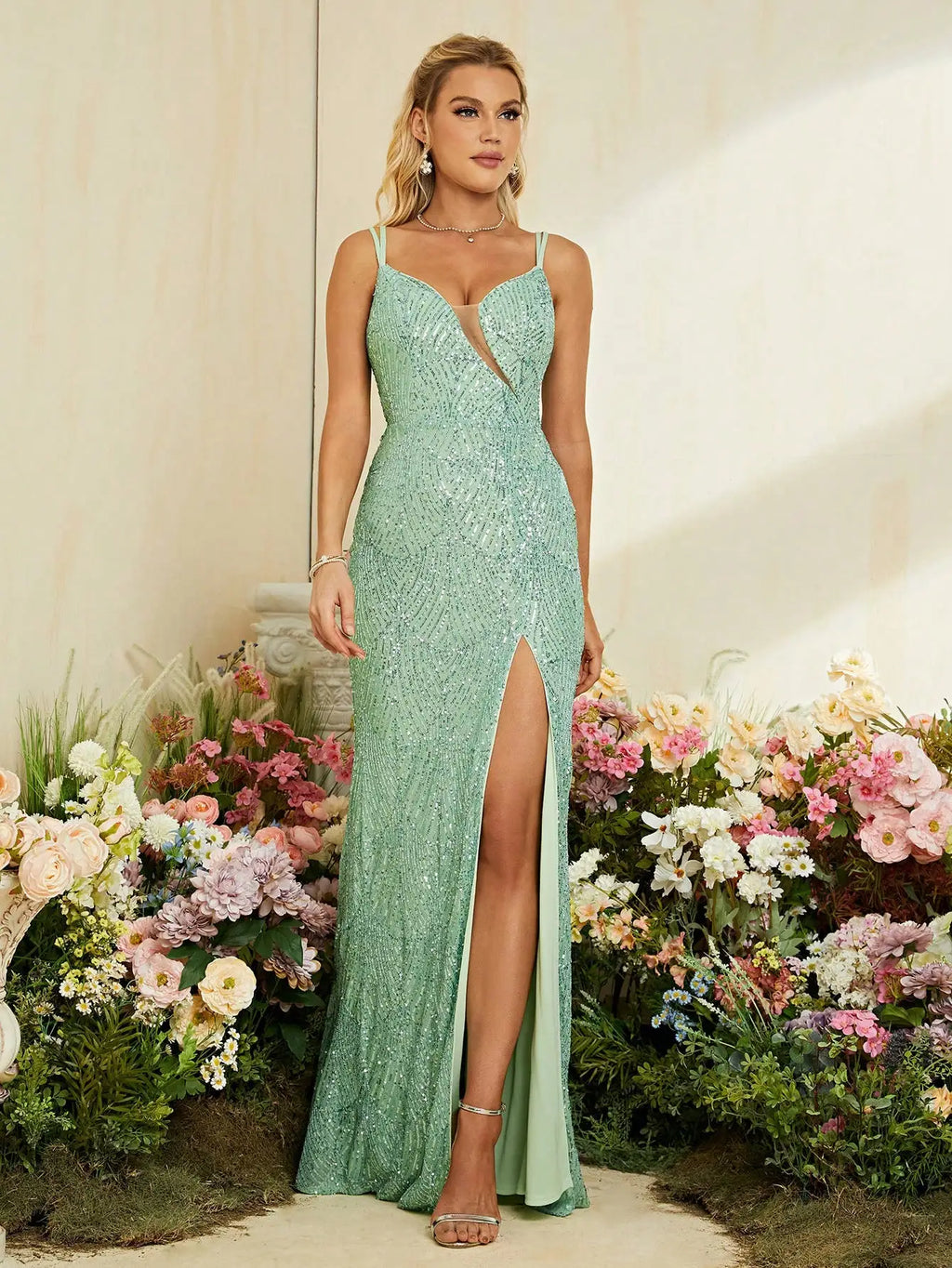 Hazleton Strapless V Neck Mesh Sheer Fishnet High Arcuate Dress