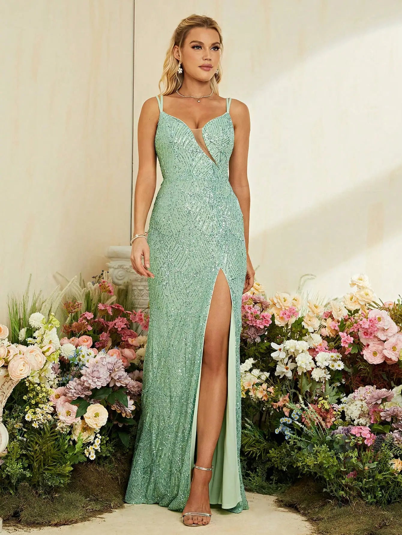 Hazleton Strapless V Neck Mesh Sheer Fishnet High Arcuate Dress