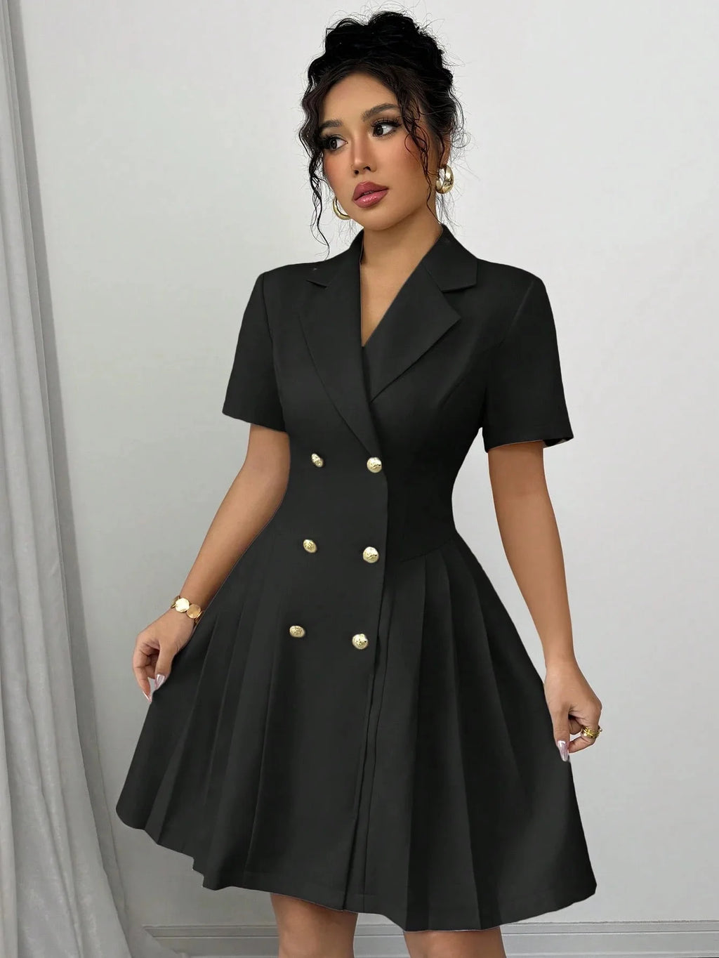 All Ways Solid Color Notched Lapel Double Breasted Short Sleeve Slim Midi Dress