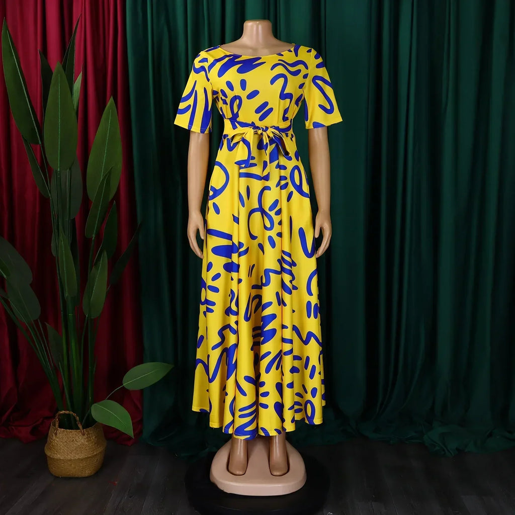 Printed Belted Dress Elegant  Knee-Length Round Neck Short Sleeve Dress