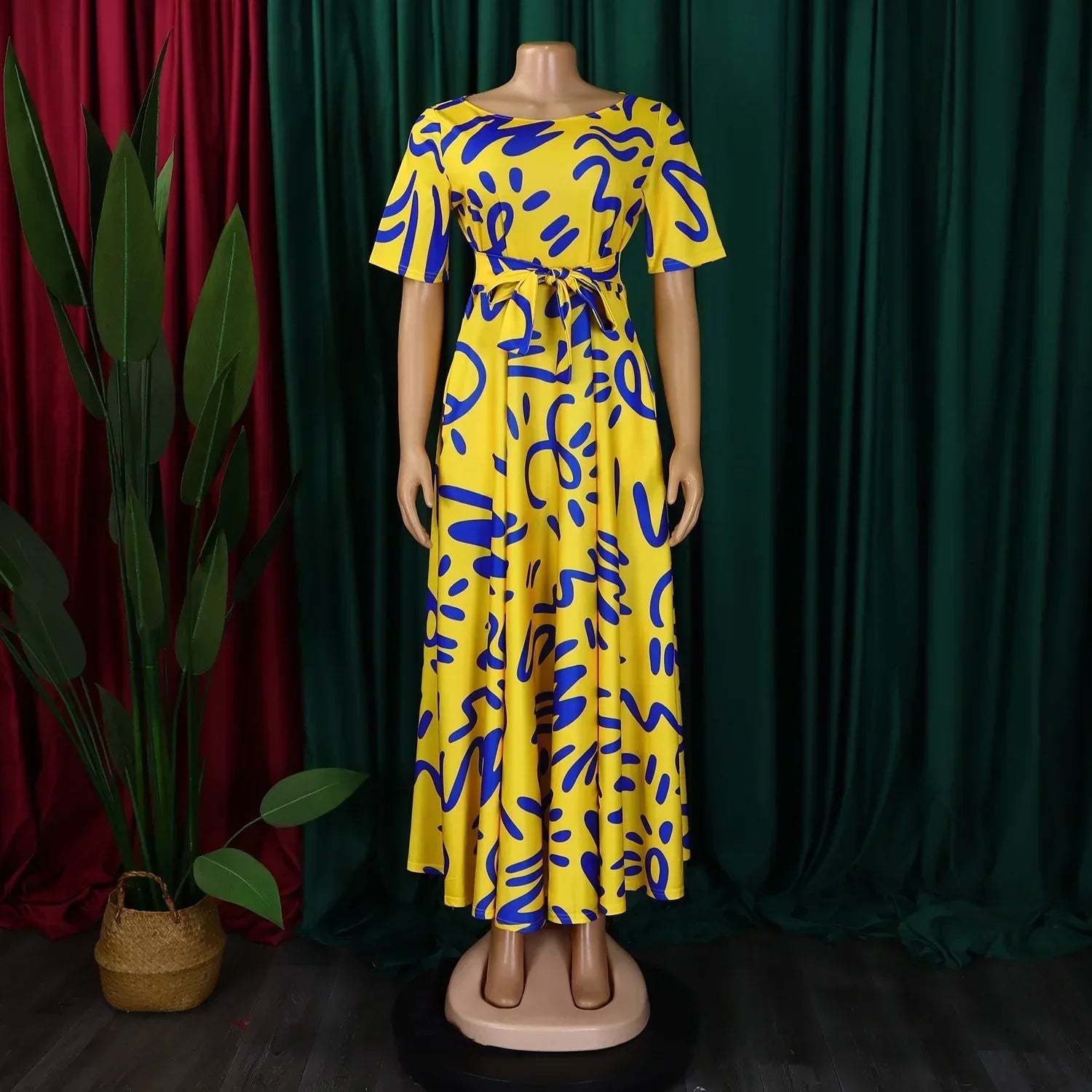 Printed Belted Dress Elegant  Knee-Length Round Neck Short Sleeve Dress