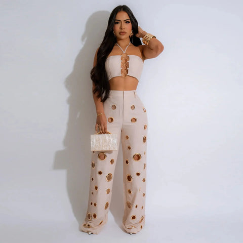 Beacon Falls Sleeveless Strapless Wide Leg Hole Hollow Out Two Piece Set