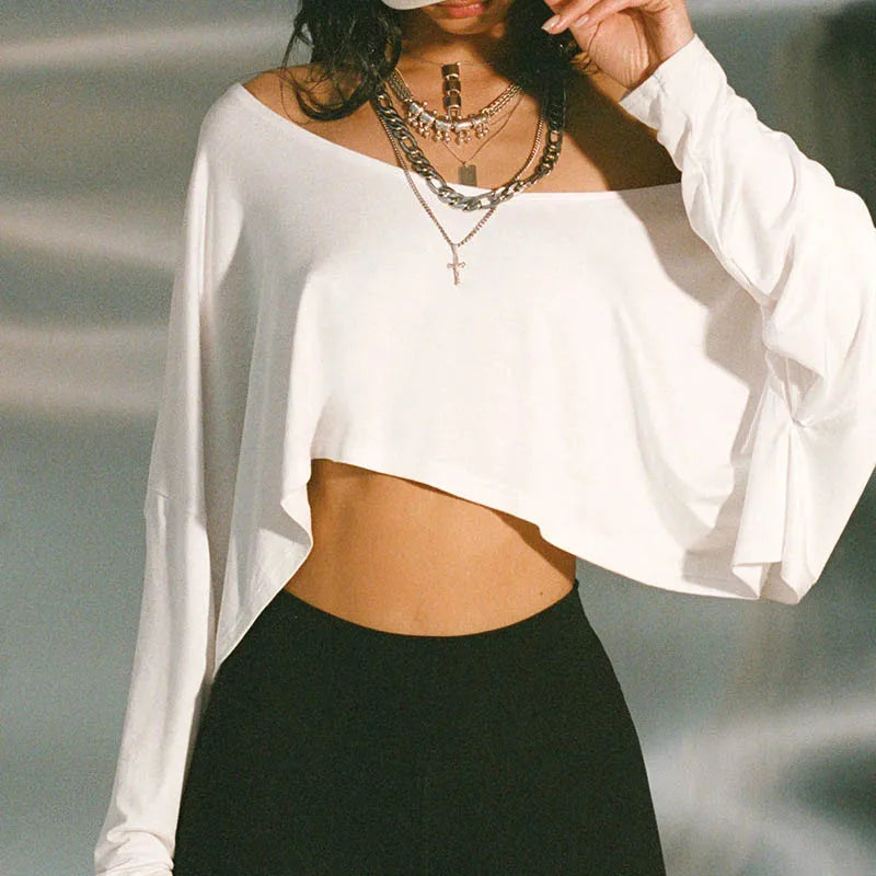 Mercury Streetwear Off Shoulder Crop White Long Sleeve Loose Tops