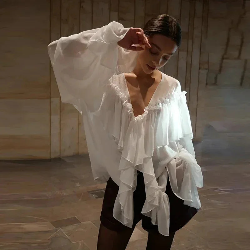 Allentown White Chiffon V-Neck Sexy See Through Shirt Beach Blouse