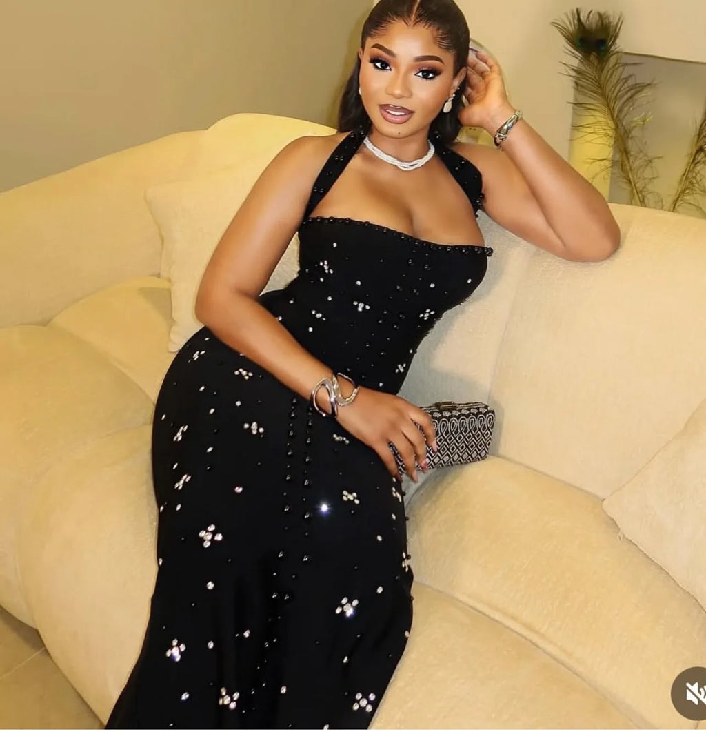 Los Angeles Elegant African Party Evening Sleeveless Polyester Rhinestone Maxi Dress