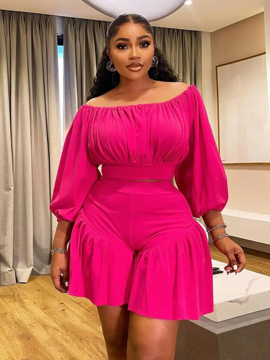 Noemi Slash Neck Ruched Two 2 Piece Set
