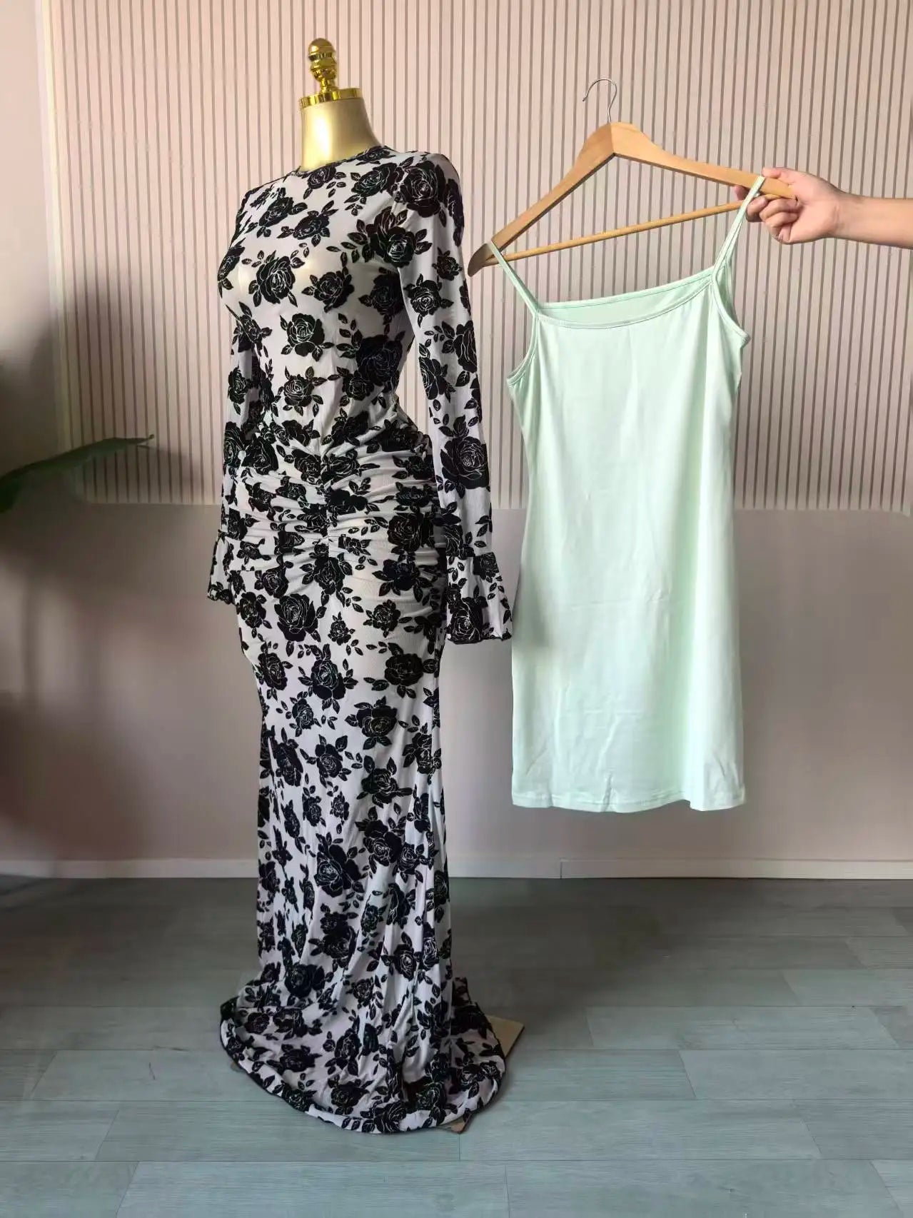 Peru Long Sleeve Stacked Mesh See Though with Lining Bodycon Long Dress