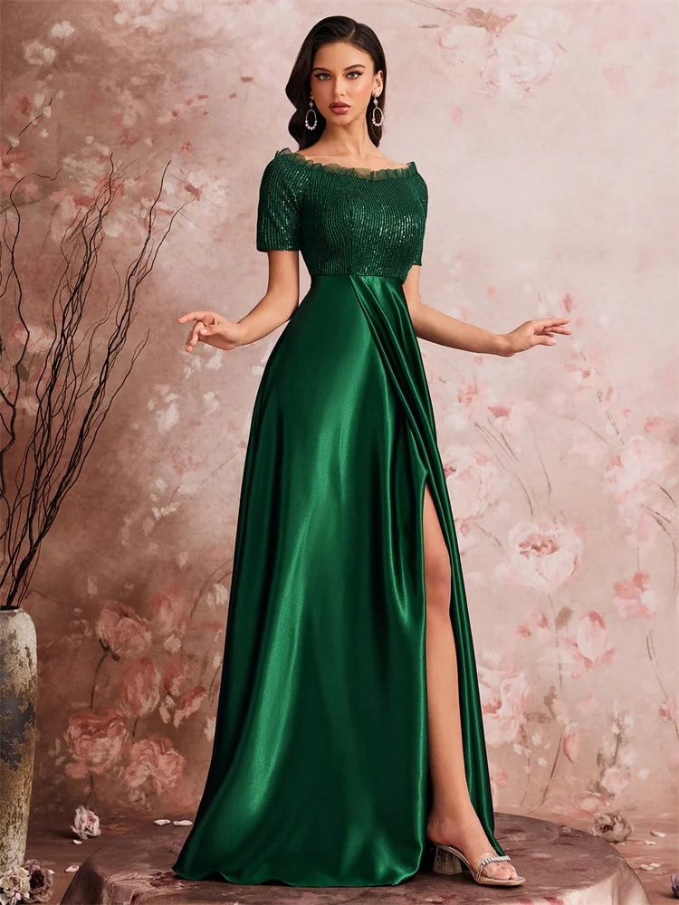 Memphis Luxury Green Satin V-Neck Party Floor Lenght Cocktail Dress