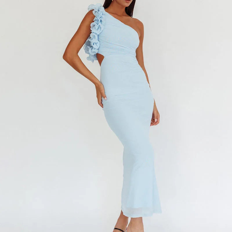 Allendale One Shoulder Bodycon Mesh Ruched Sexy Backless Long Dress