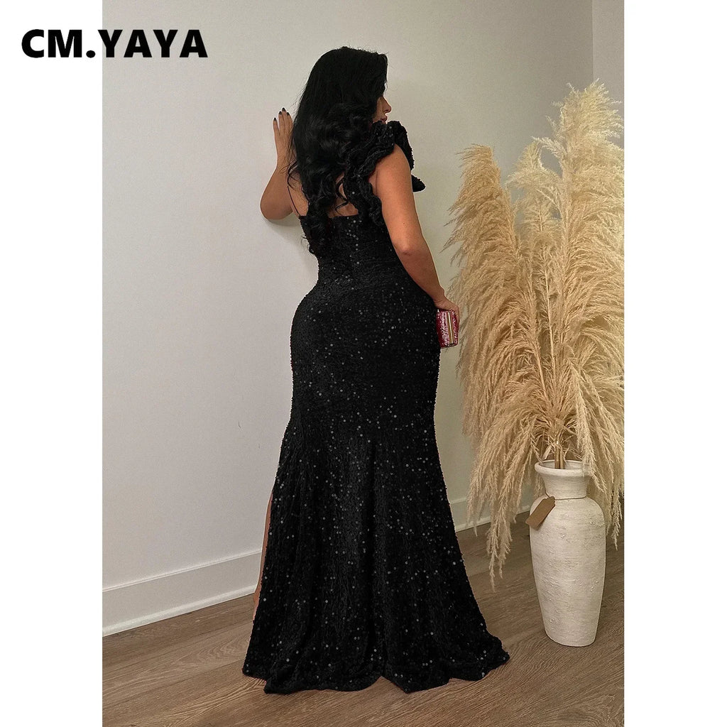 Trenton One Shoulder Open Back Sequined High Side Split Mermaid Maxi Dress