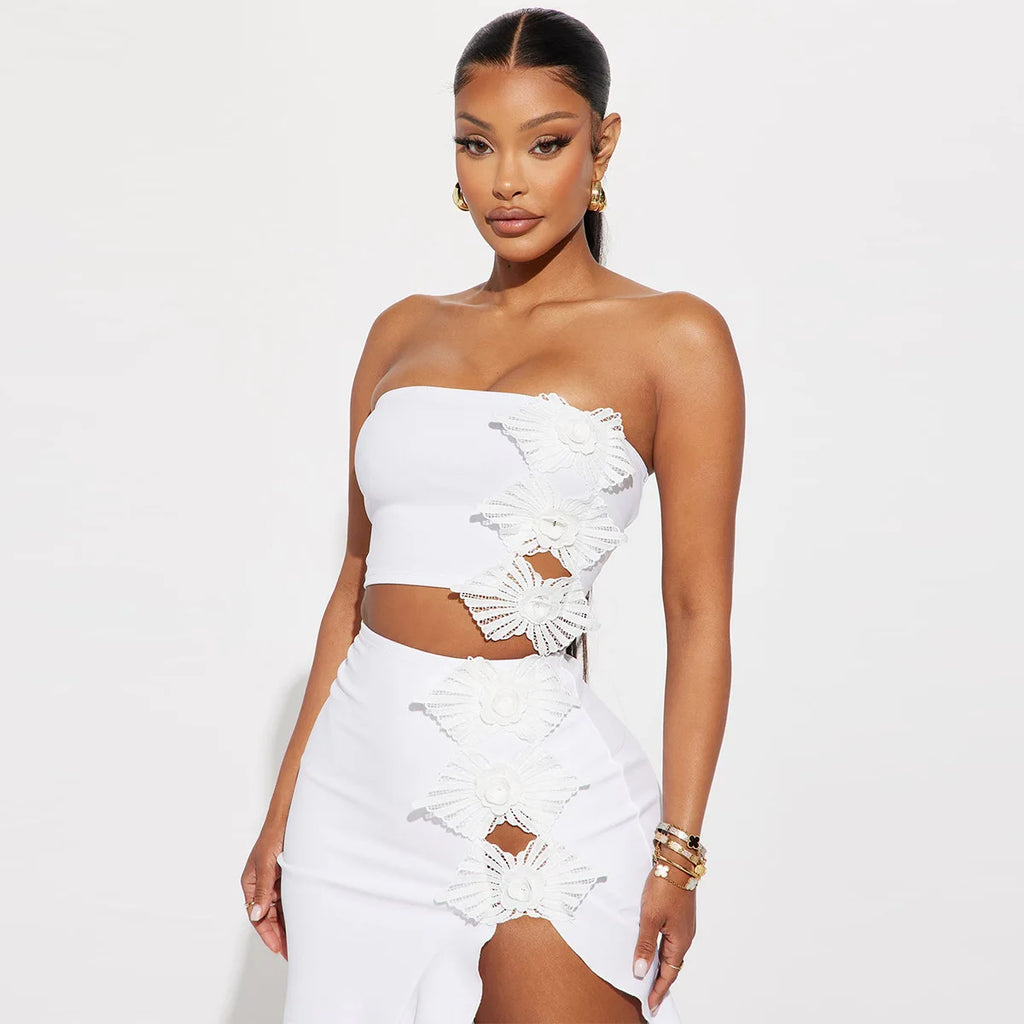 Manchester Strapless Crop and Ruffles Split Midi Maxi Long Two Piece Set