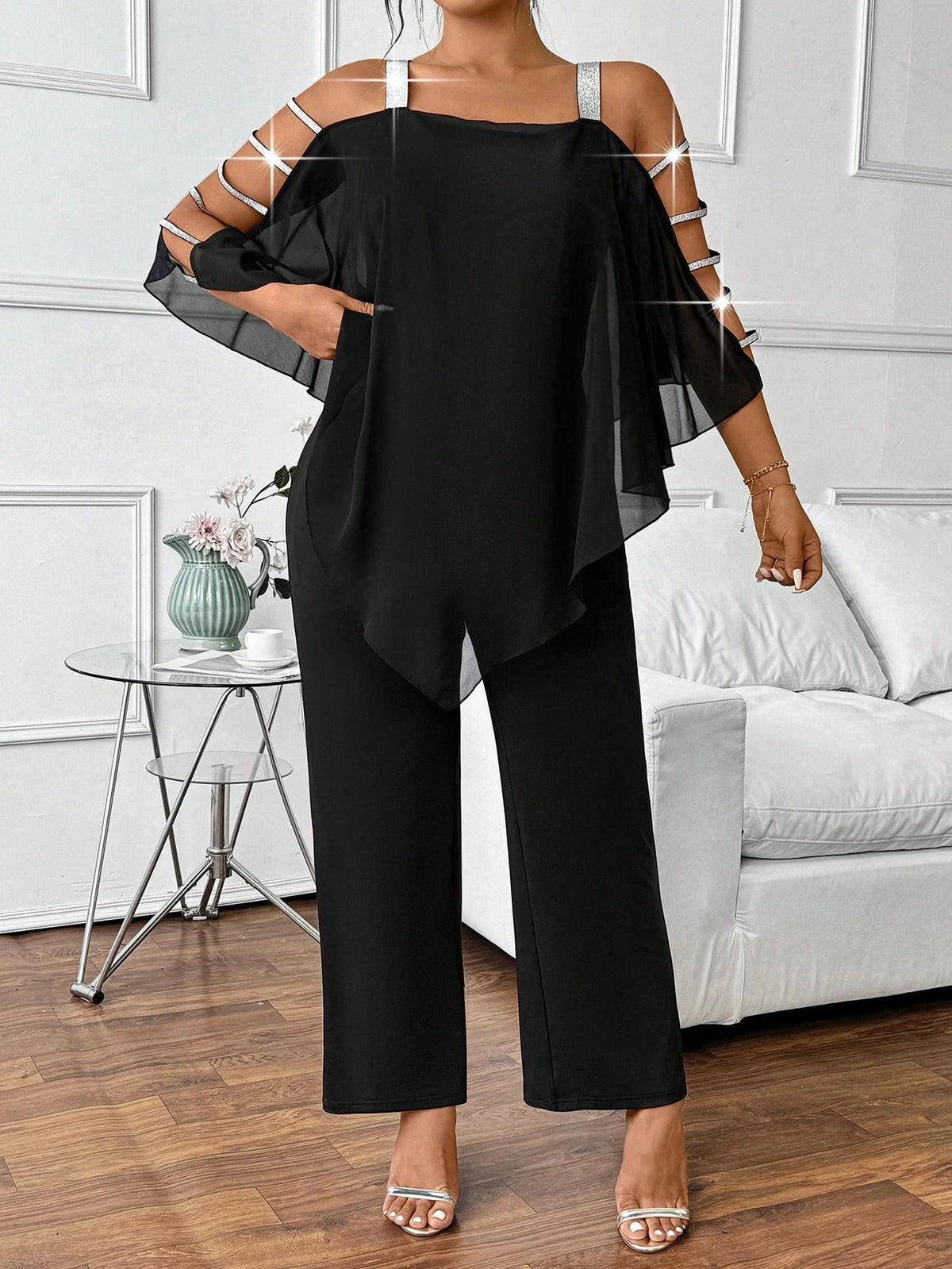 Plus Size Jumpsuit Women Cold Shoulder Chiffon Flare Sleeve Wide Leg Jumpsuit