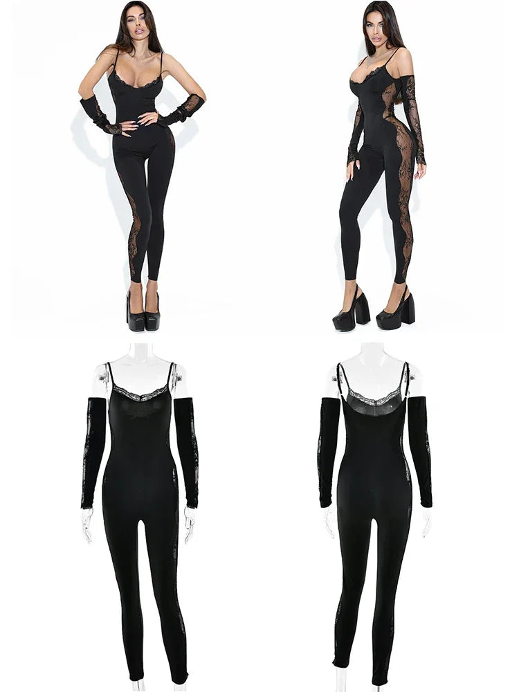 Port Chester Long Sleeve Lace Patchwork Square Collar Sexy Jumpsuits