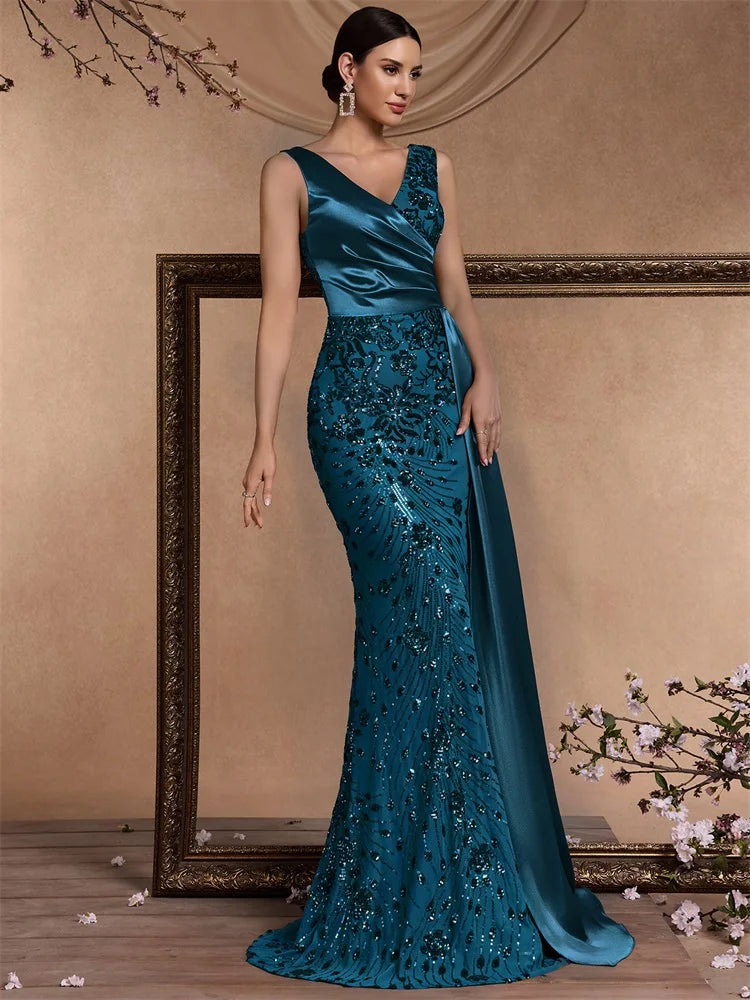 Puebla Elegant V Neck Splice Ribbons Sequins Sleeveless Mermaid Formal Dress