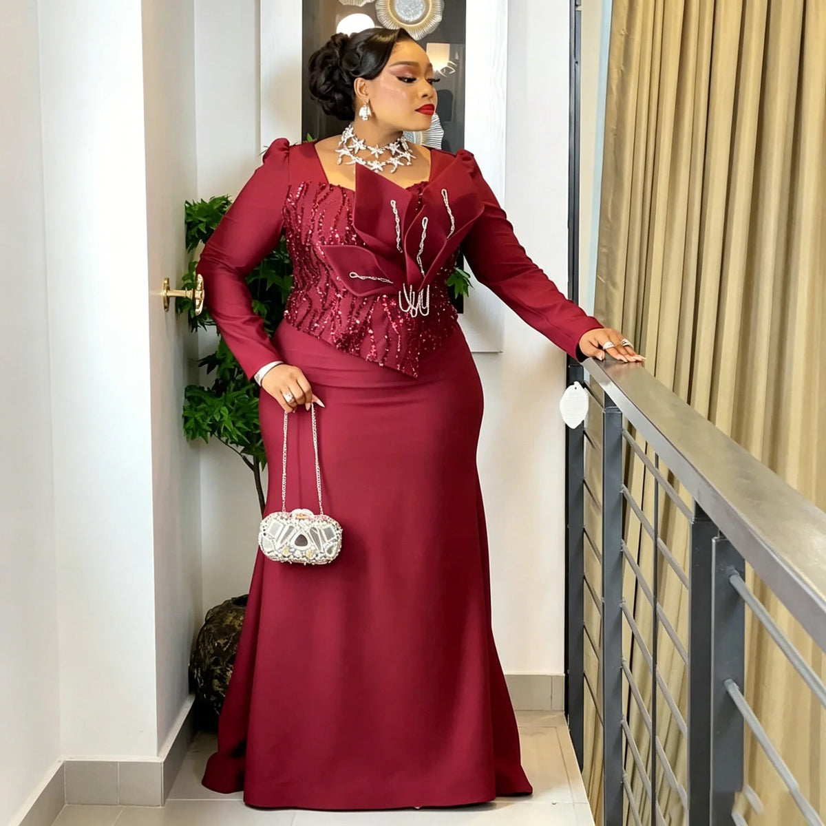 Virginia Plus Size Burgundy Sequin Fishtail Long Sleeved Dress