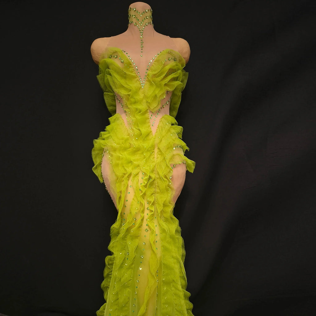Middlesex Elegant Sparkly Green Rhinestones Mesh Sheer Ruffle Maxi Dress