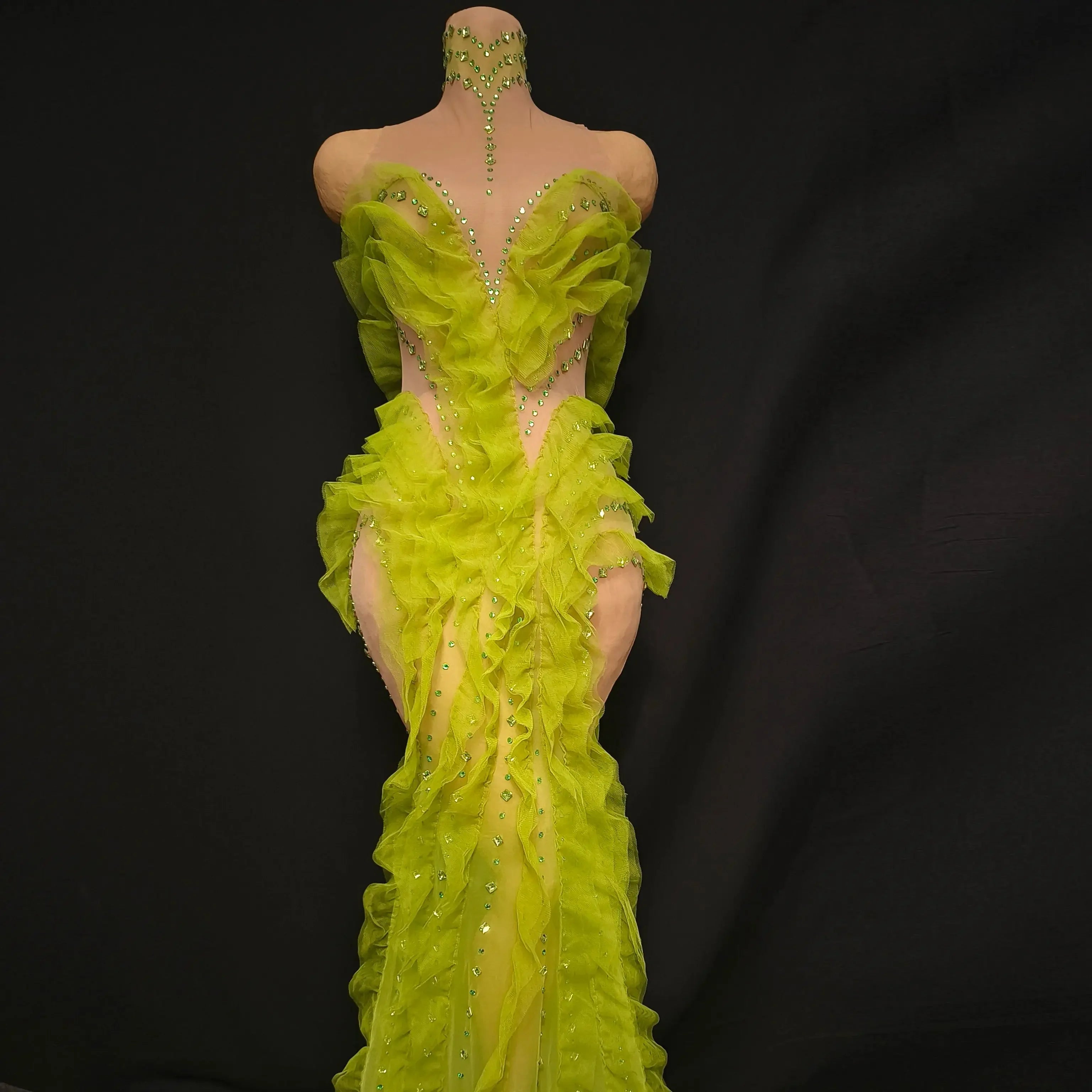 Middlesex Elegant Sparkly Green Rhinestones Mesh Sheer Ruffle Maxi Dress