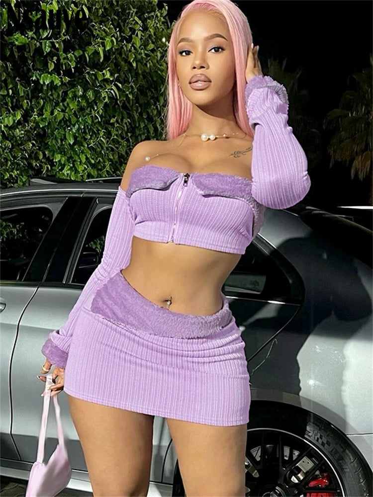 Tony Ribber Knitted Sexy Off Shoulder Two Piece Sets