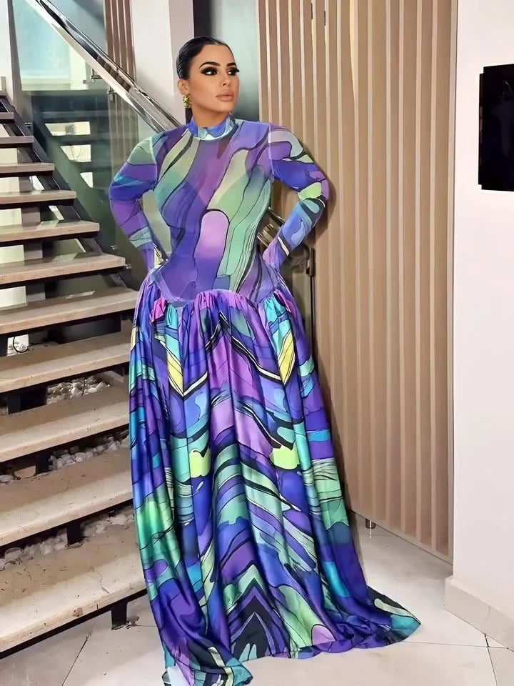 Passaic O Neck Fashion Long Sleeve Flower Printed Maxi Dress