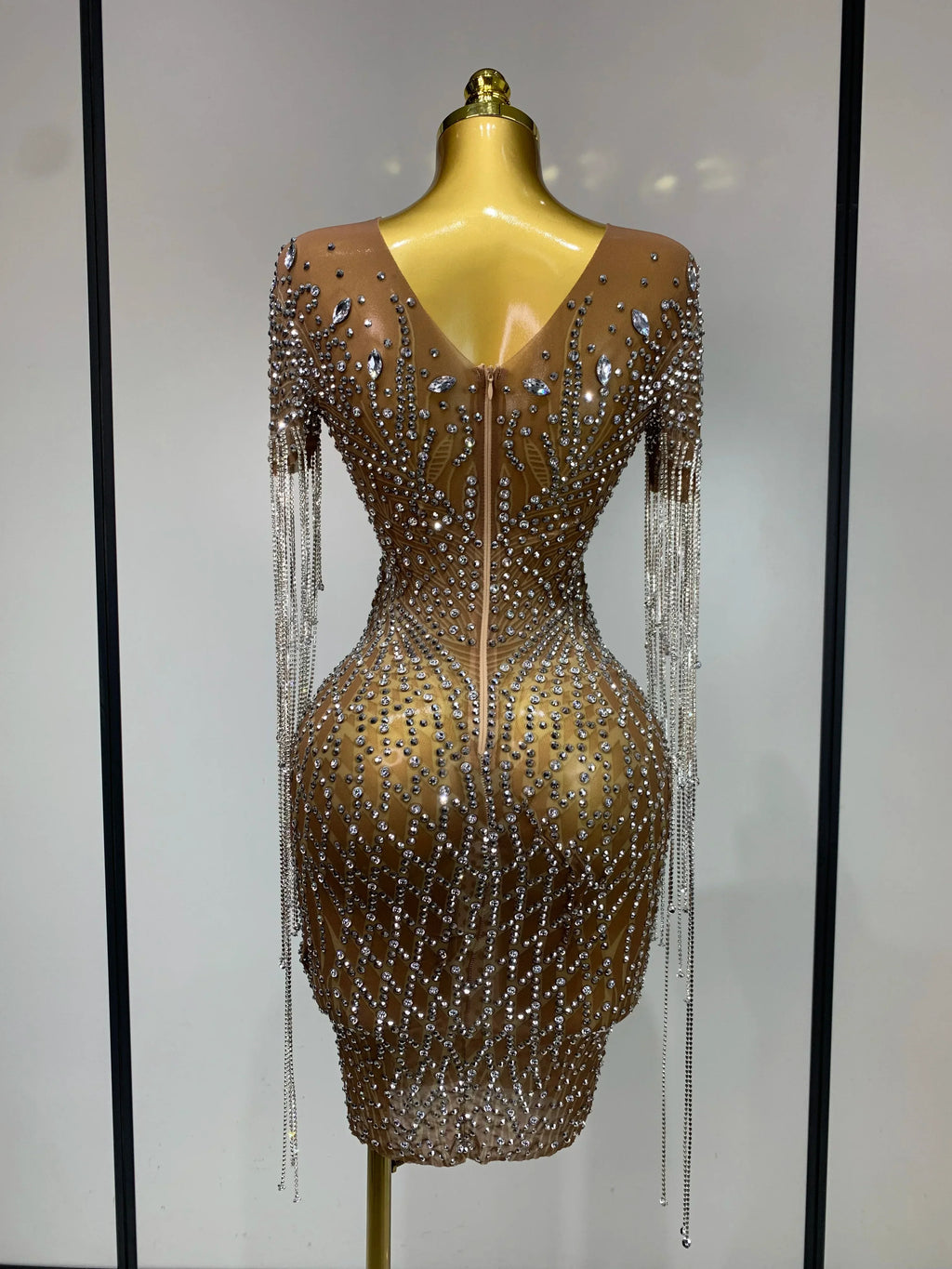 Bedford Luxury Sparkly Rhinestones Tassel Transparent Mesh Stretch Long Dress