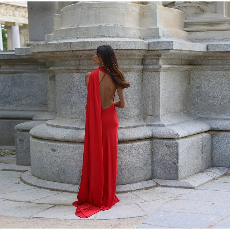 Meadville Elegant Ribbon Halter Solid Off Shoulder Sleeveless Backless Slim Maxi Dress