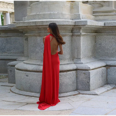 Meadville Elegant Ribbon Halter Solid Off Shoulder Sleeveless Backless Slim Maxi Dress