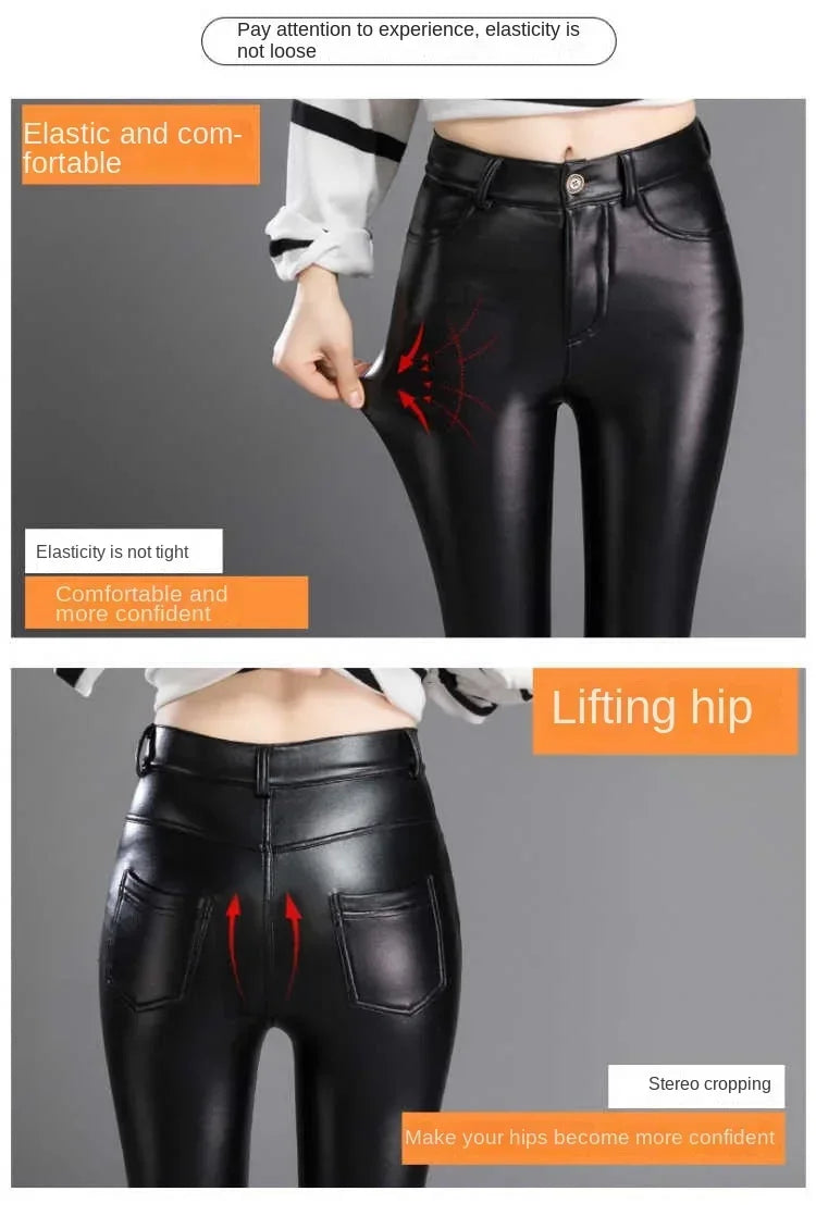Green Pond PU Leather Leggings Pencil Pants with Thermal Lining Female High-Waisted Stretchy