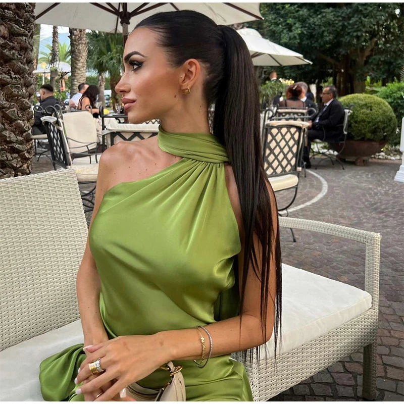 Califon Sexy Satin Ribbon Party Elegant Halter Backless Off Shoulder Sleeveless Maxi Dress
