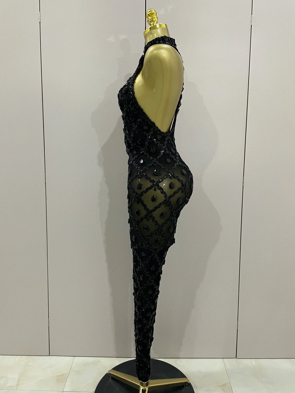 Scranton Sparkly Black Diamond Mesh See THhrough Jumpsuit