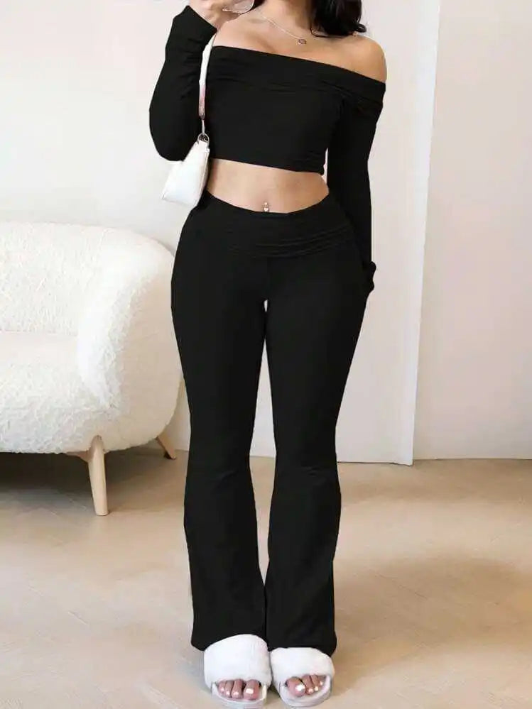 Sandy Long-sleeved One-shoulder Trousers Two-piece Set