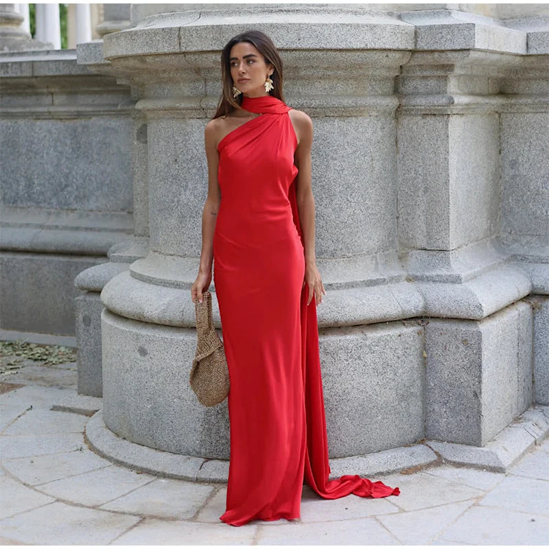 Califon Sexy Satin Ribbon Party Elegant Halter Backless Off Shoulder Sleeveless Maxi Dress