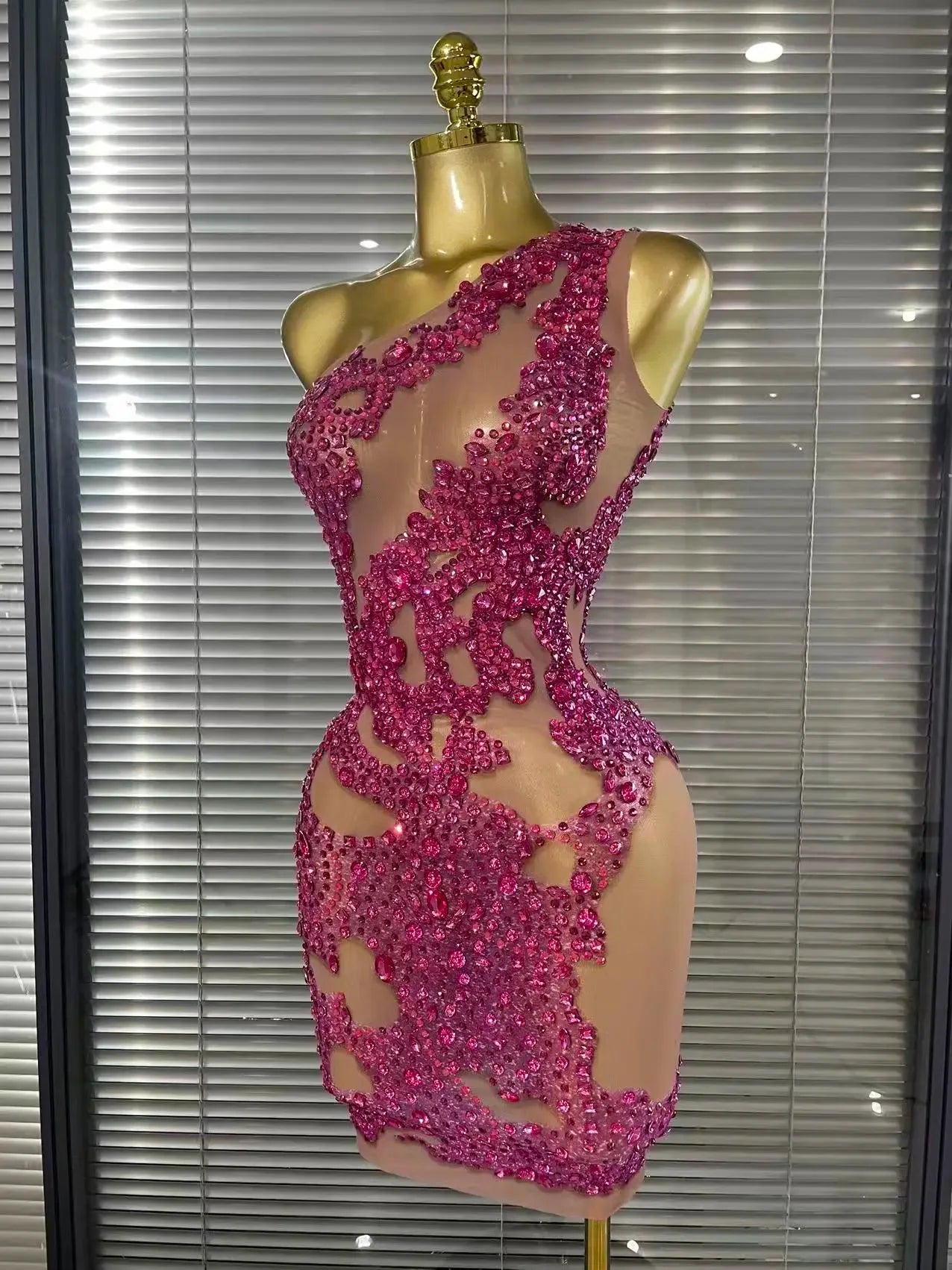 Harper Ferry Shining Rosered Crystal Sexy One Shoulder Mesh See Through Bodycon Mini Dress