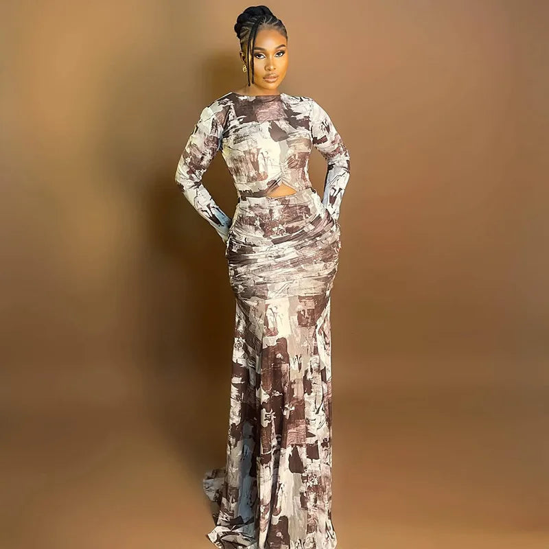 Quintana Roo Printed Ruched Long Sleeve Cutout Maxi Long Dress