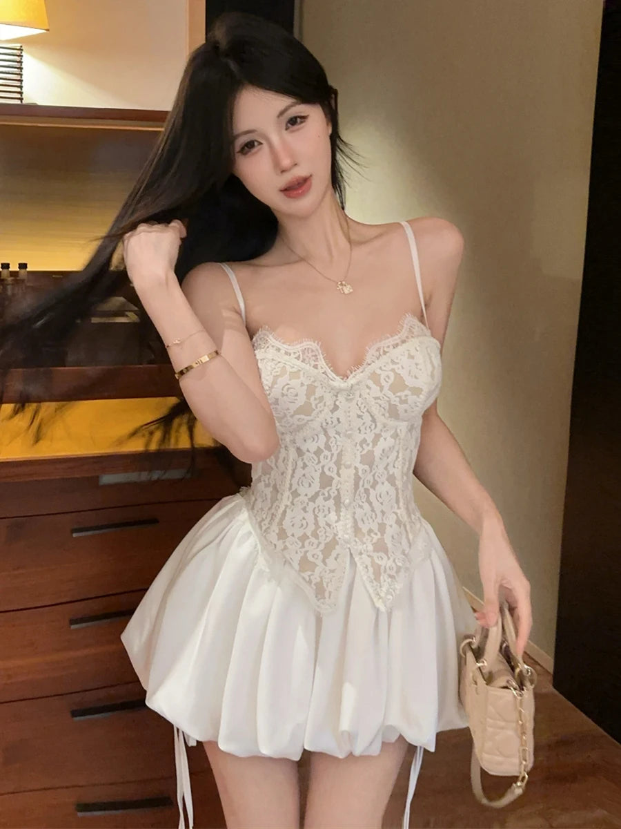 Aranza Lace High Waist Fishbone Vest Two Piece Sets