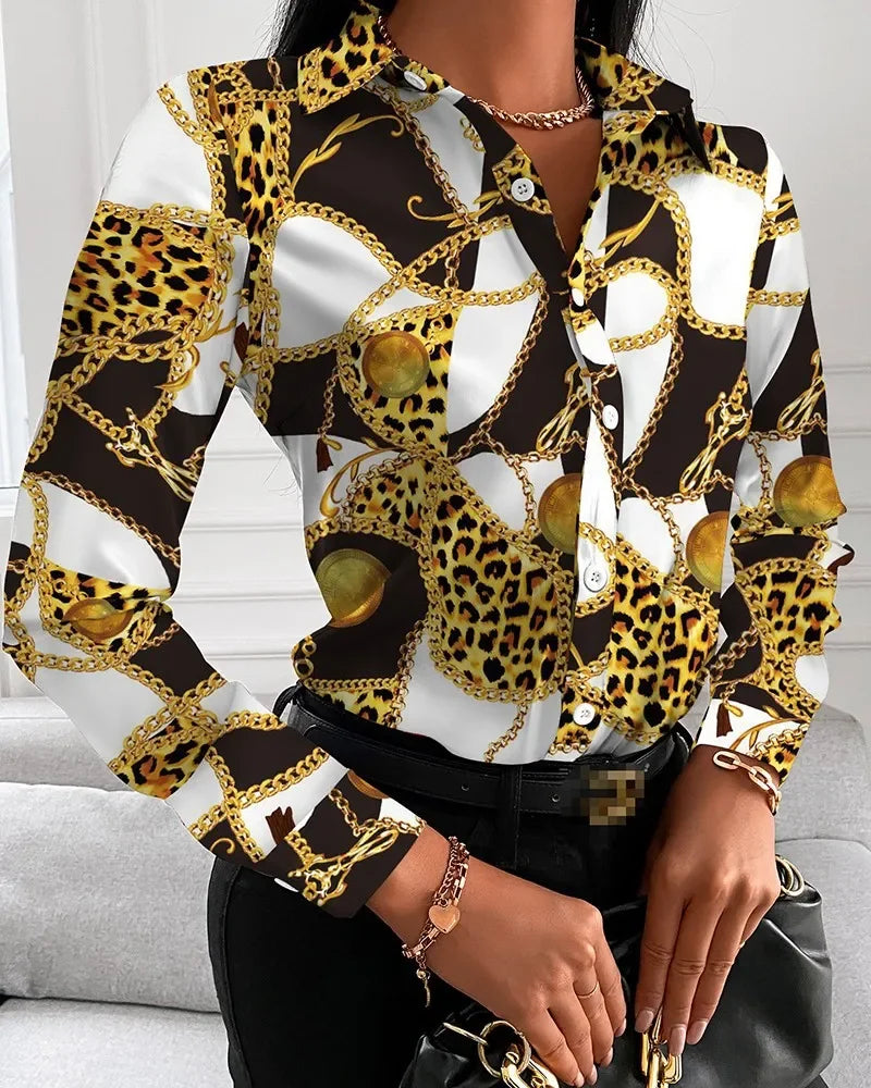 Tamaqua Wild Geometric Square Print Turn-Down Collar Long Sleeve Blouses