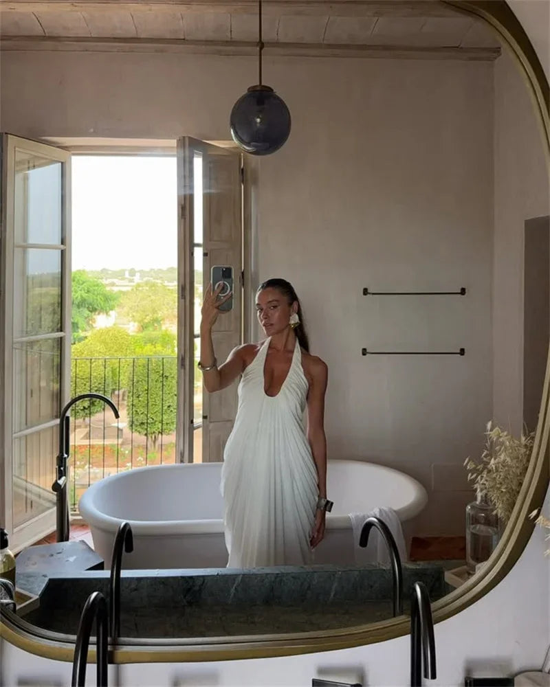 Elkins Mesh Halter Backless Sexy Gown Fashion Elegant V Neck Sleeveless Maxi Dress