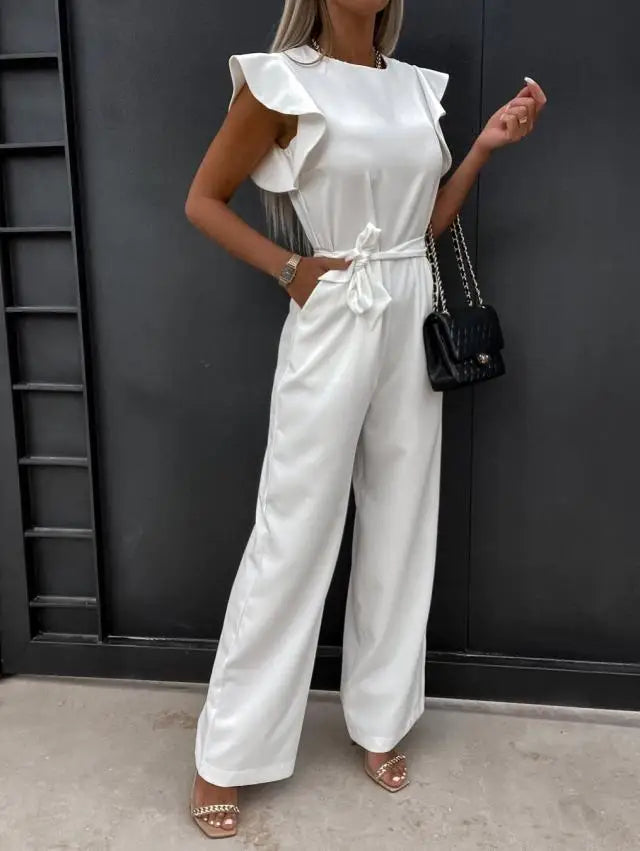 Jumpsuit with Lace Up High Waist Elegant Women's Solid Color Straight Tube Fashionable Ruffle Edge Sleeves Dating Jumpsuit