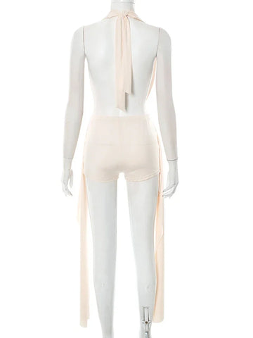 Beattystown Puss Elegant Halter Swing Collar Backless Sexy Tank Side Tassel Matching Set