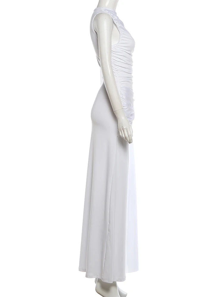 Linden Elegant Ruched O Neck Sleeveless Irregular Ribbon Metal Trim Classic Dress