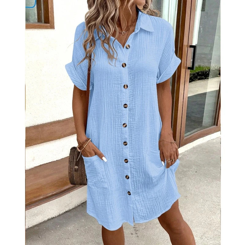 John Beach Solid Fashion V-neck Three Quater Sleeve Cotton Linen Dress