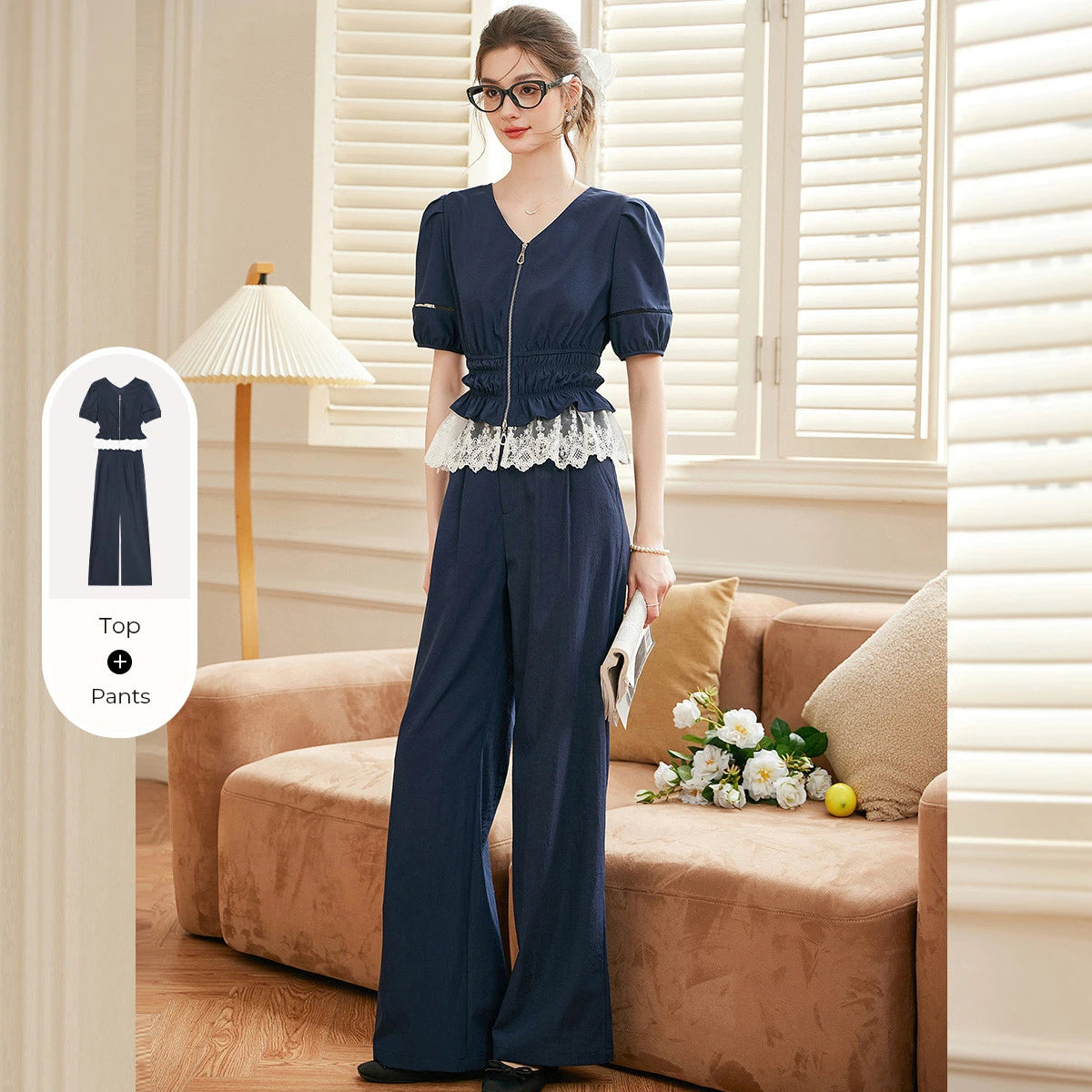 Pamela V‑Neck Lace Splicing Short Sleeve Two Piece Sets