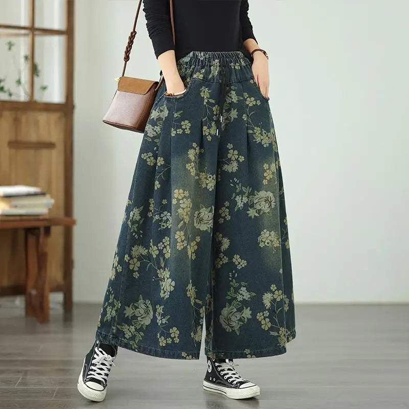 Printed Jeans For Women 2025 Autumn Vintage Extended Elastic Waist