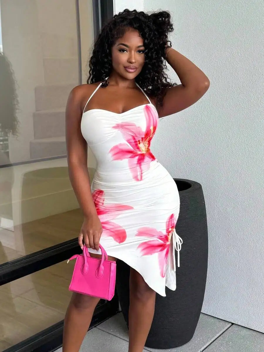 Oxford White Base with Pink Floral Romantic Print Asymmetric Hem Slim Fit Dress