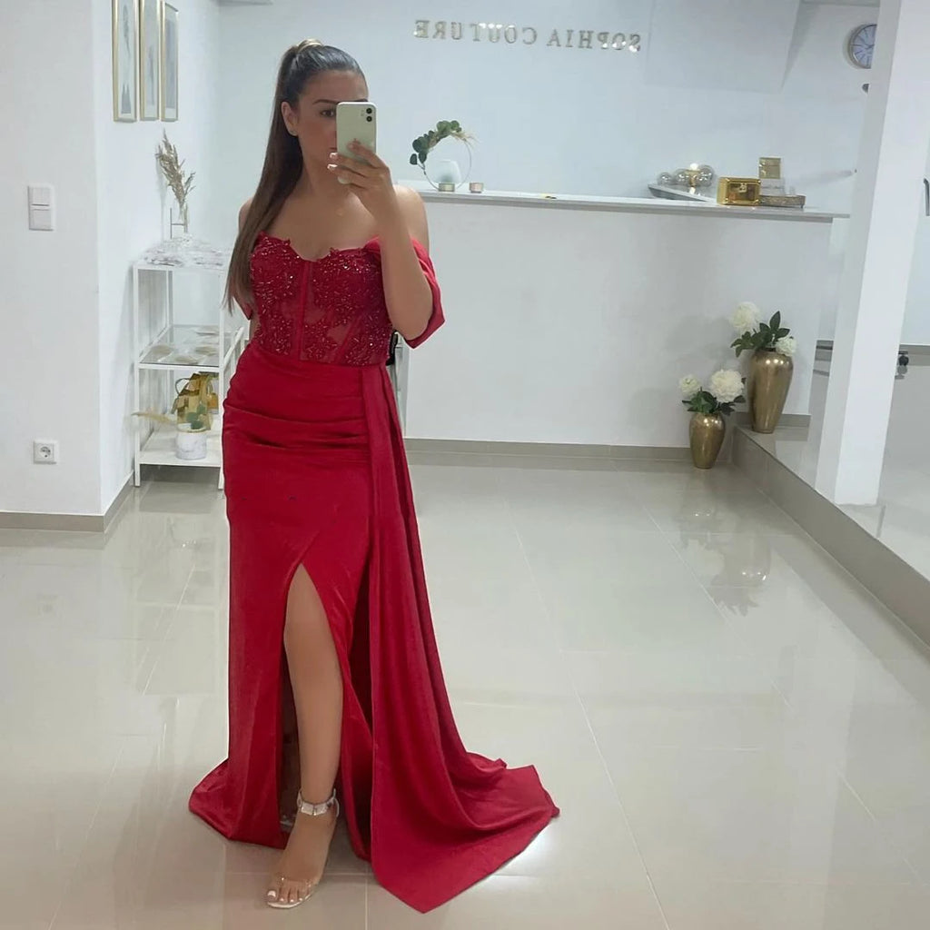 La Vega Long Off the Shoulder Party Appliques High Split Cocktail Gown Dress