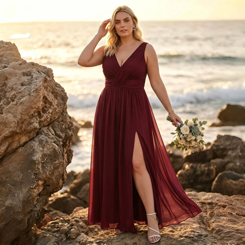 Newark Navy Blue Plus Size Chiffon Bridesmaid Sleeveless Deep V Neck Cross Ruched Dress