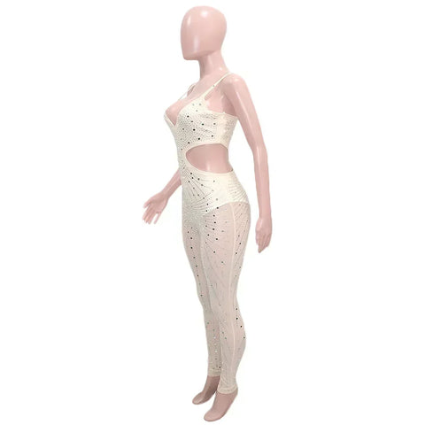 Gramercy Park Fashion Sexy Mesh Perspective Hot Drill Sleeveless Halter Jumpsuit