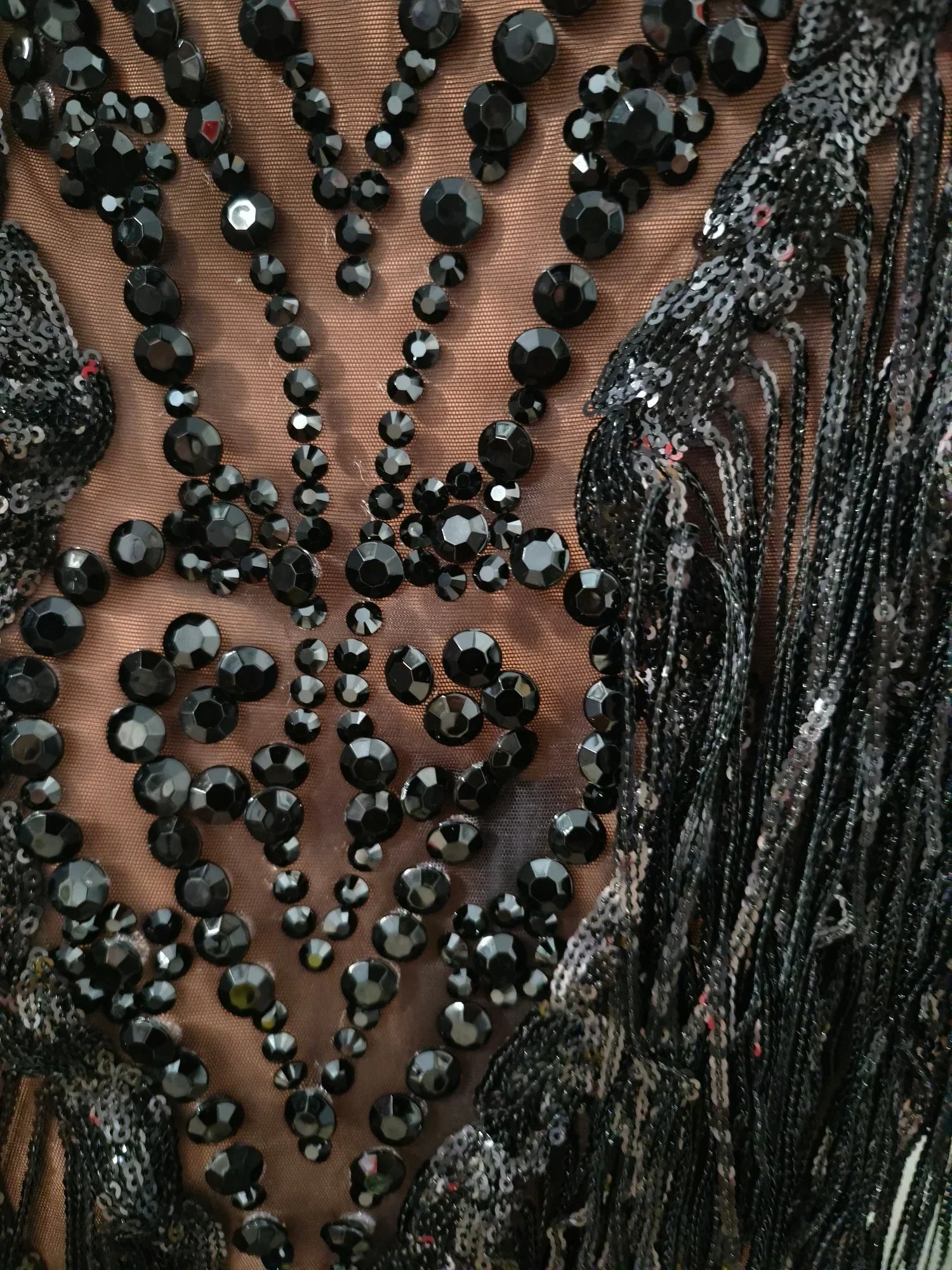 Carbondale Sparkly Rhinestone Tassel See Through Mesh Mini Dress