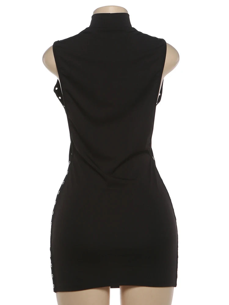 Branchville Nibber Peach Hip O Neck Sleeveless Side Hollow Design Metal Rings Mini Dress