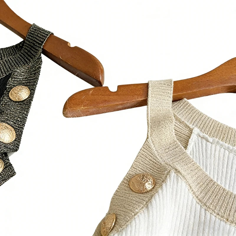 Milford Sleeveless Halter Neck Gold Button Detail Contrast Stretchy Ribbed Knit Bodycon Mini Dress